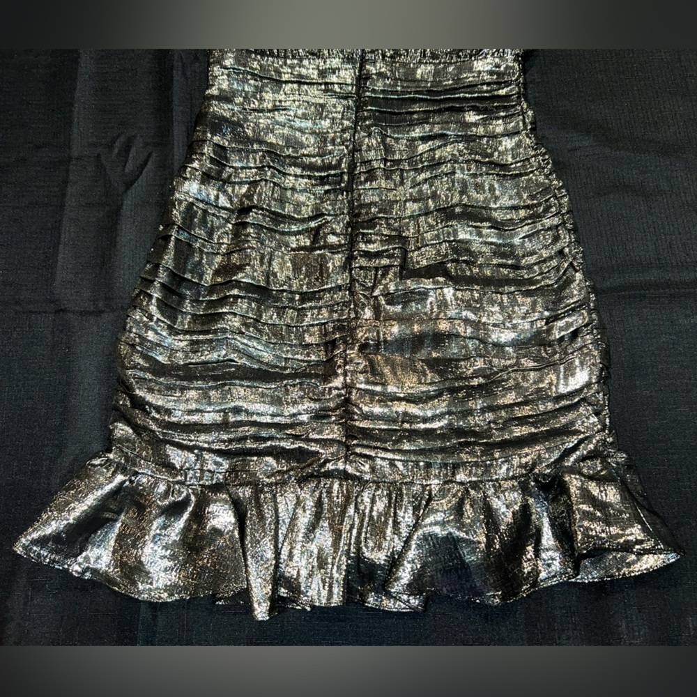 Metallic Silk V-Neck Ruched Ruffle Mini Dress - Picture 11 of 14